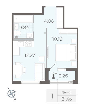 Однокомнатная квартира 31.46 м²