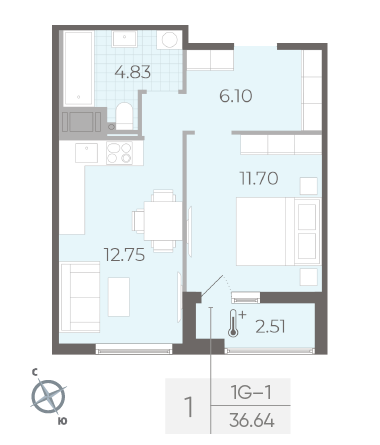 Однокомнатная квартира 36.64 м²