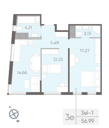 Двухкомнатная квартира 56.99 м²