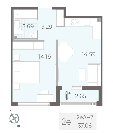 Однокомнатная квартира 37.06 м²
