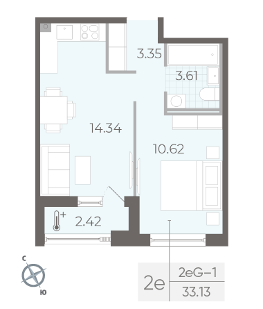 Однокомнатная квартира 33.13 м²
