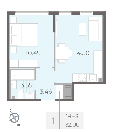 Однокомнатная квартира 32 м²