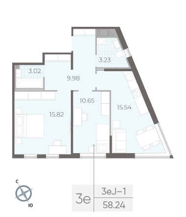 Двухкомнатная квартира 58.24 м²