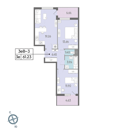 Двухкомнатная квартира 61.23 м²