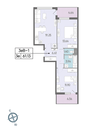 Двухкомнатная квартира 61.13 м²