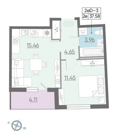 Однокомнатная квартира 37.58 м²