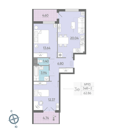 Двухкомнатная квартира 62.86 м²