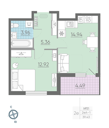 Однокомнатная квартира 39.43 м²