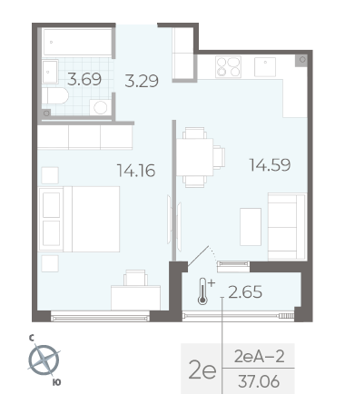 Однокомнатная квартира 37.06 м²