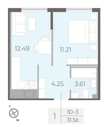 Однокомнатная квартира 31.56 м²