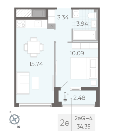 Однокомнатная квартира 34.35 м²