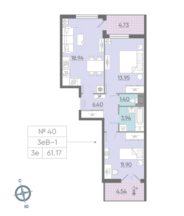 Двухкомнатная квартира 61.17 м²