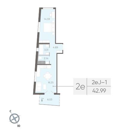 Однокомнатная квартира 42.99 м²