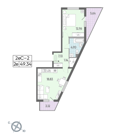 Однокомнатная квартира 49.34 м²