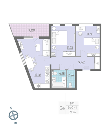 Двухкомнатная квартира 59.26 м²