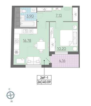 Однокомнатная квартира 40.09 м²