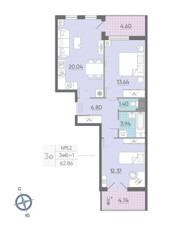Двухкомнатная квартира 62.86 м²