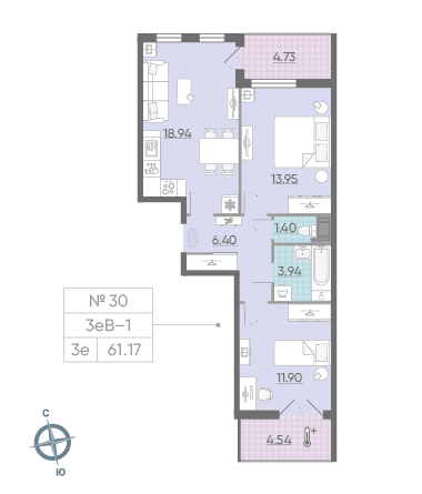 Двухкомнатная квартира 61.17 м²