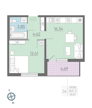 Однокомнатная квартира 39.57 м²