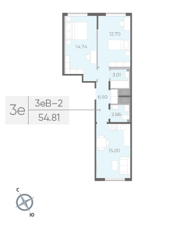 Двухкомнатная квартира 54.81 м²