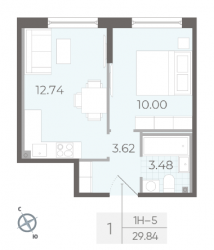 Однокомнатная квартира 29.84 м²