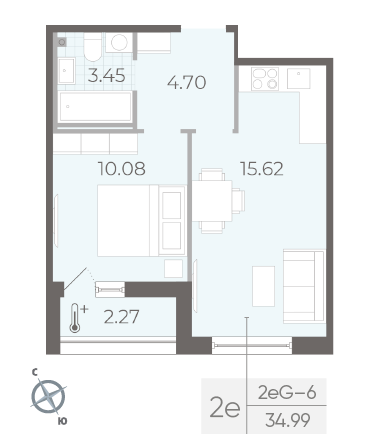 Однокомнатная квартира 34.99 м²