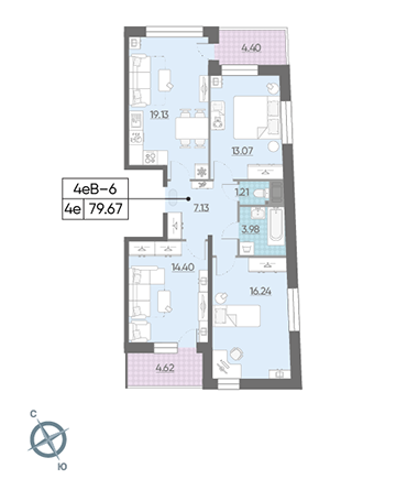Трёхкомнатная квартира 79.67 м²