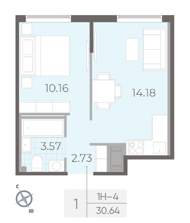 Однокомнатная квартира 30.64 м²