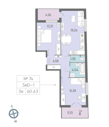 Двухкомнатная квартира 60.63 м²