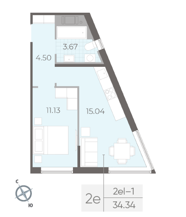Однокомнатная квартира 34.34 м²