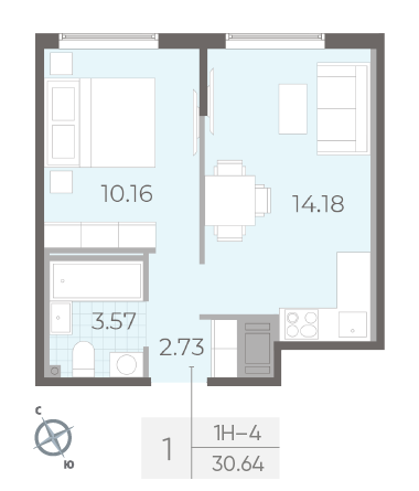 Однокомнатная квартира 30.64 м²