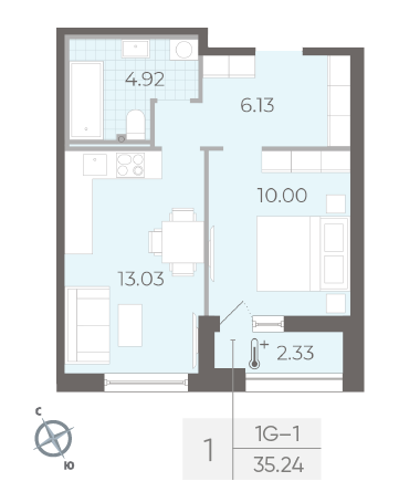 Однокомнатная квартира 35.24 м²