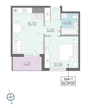 Однокомнатная квартира 39 м²