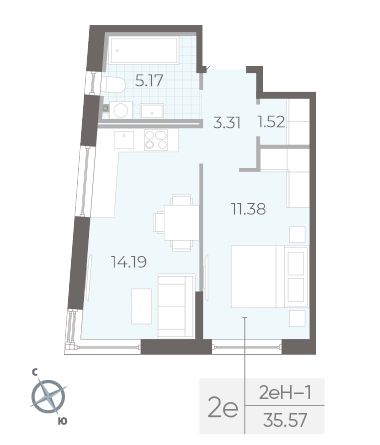 Однокомнатная квартира 35.57 м²