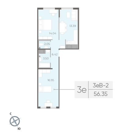 Двухкомнатная квартира 56.35 м²