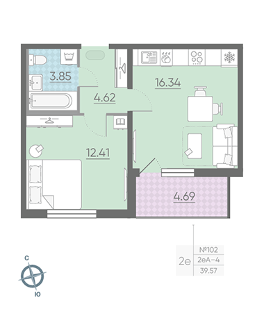 Однокомнатная квартира 39.57 м²