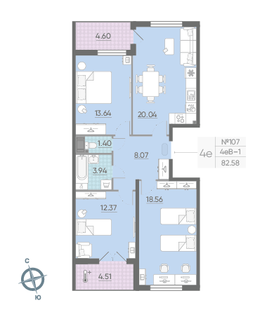 Трёхкомнатная квартира 82.58 м²