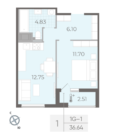 Однокомнатная квартира 36.64 м²