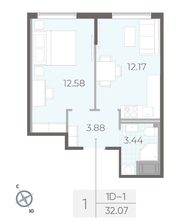 Однокомнатная квартира 32.07 м²