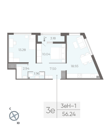 Двухкомнатная квартира 56.24 м²