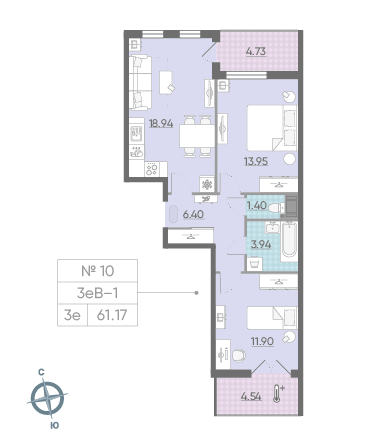 Двухкомнатная квартира 61.17 м²