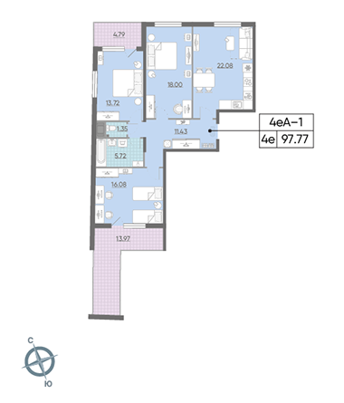 Трёхкомнатная квартира 97.77 м²