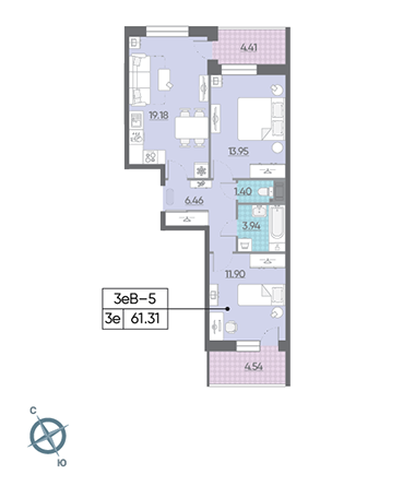 Двухкомнатная квартира 61.31 м²