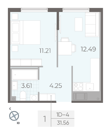 Однокомнатная квартира 31.56 м²