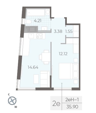Однокомнатная квартира 35.9 м²