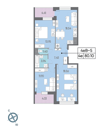 Трёхкомнатная квартира 80.1 м²