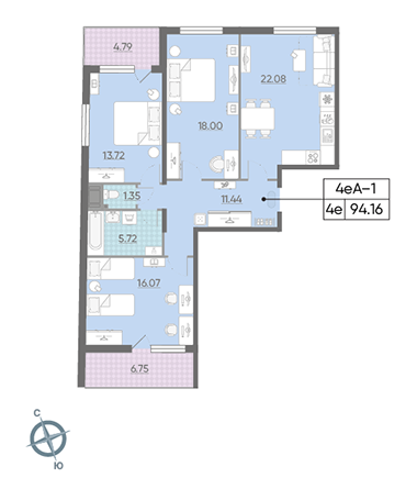 Трёхкомнатная квартира 94.16 м²