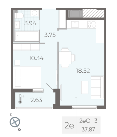 Однокомнатная квартира 37.87 м²