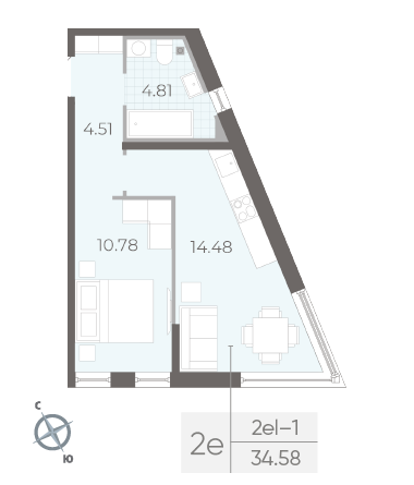 Однокомнатная квартира 34.58 м²