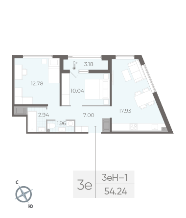 Двухкомнатная квартира 54.24 м²